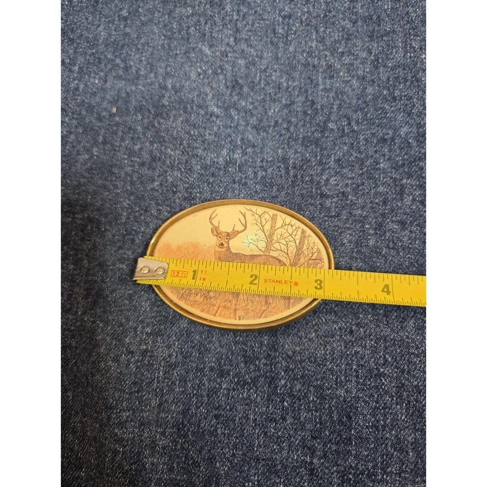 Vintage Solid Brass Bartow Co. Deer Stag Belt Buckle - Etched Scene